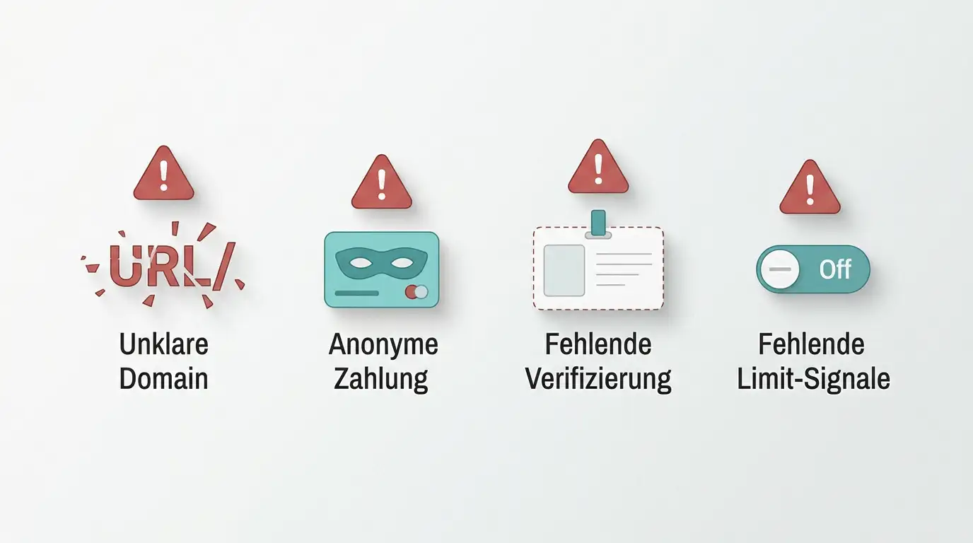 Ruhige Risikokarte mit Warnzeichen wie fehlende Prüfung, anonyme Zahlung und unklare Domain